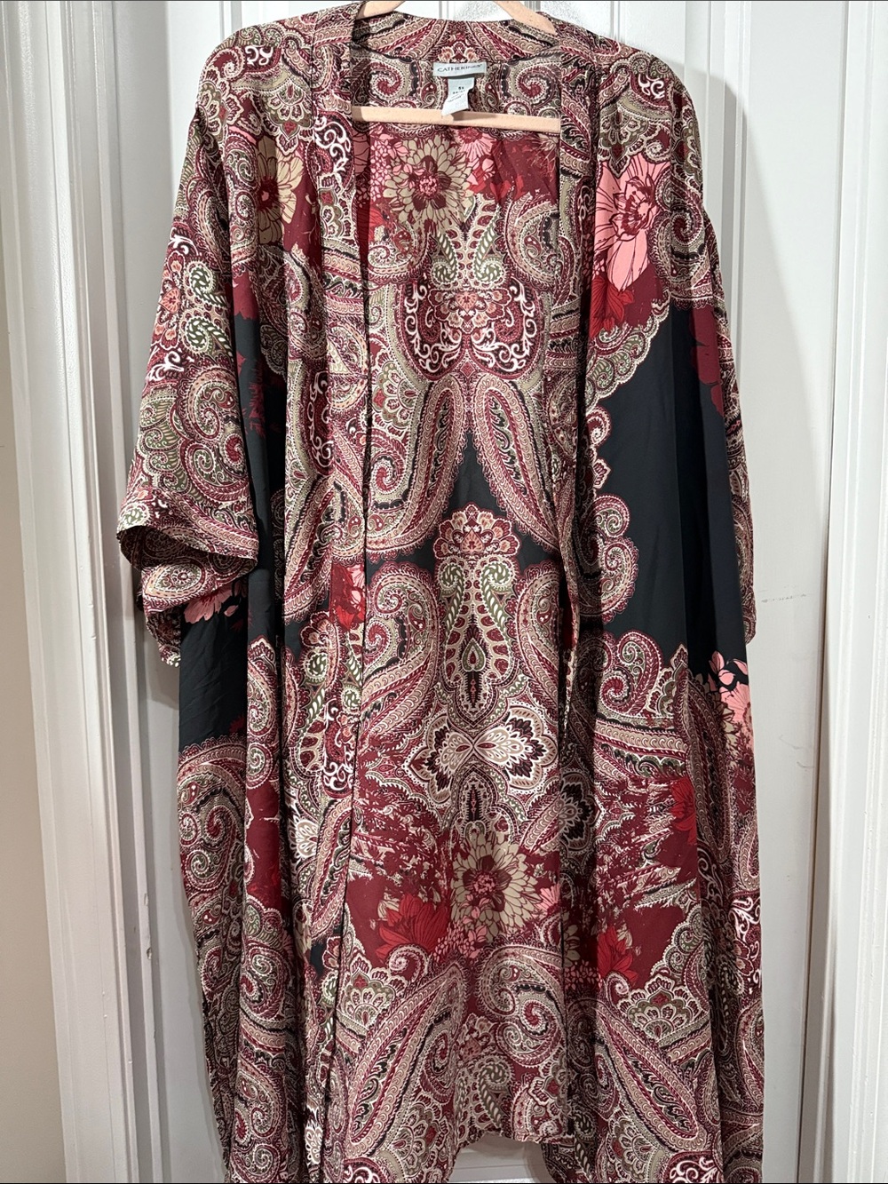 Catherines Burgundy and Black Paisley Open-Front Kimono